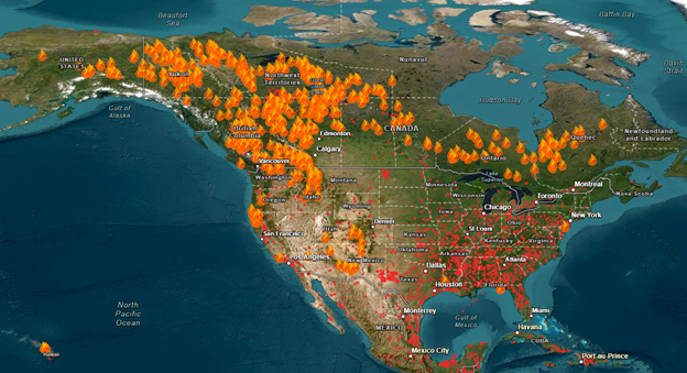 Map of wildfires and hotspots in North America as of mid-August
