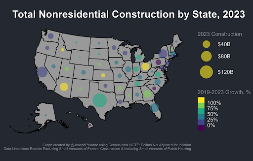 Map showing geographic areas of nonresidential construction by state in 2023