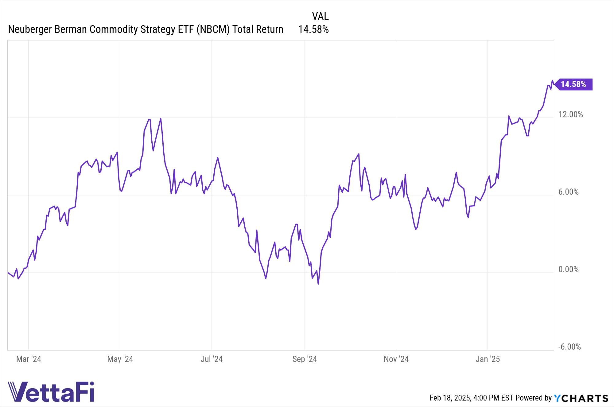 Total return chart of NBCM over the trailing 12-month period.