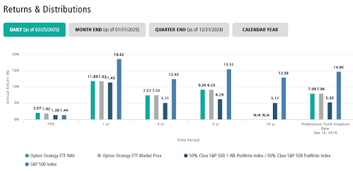 Bar charts of NBOS annual returns versus the options ETF market, the benchmark index, and the S&P 500 since the original launch as a mutual fund in 2016. 