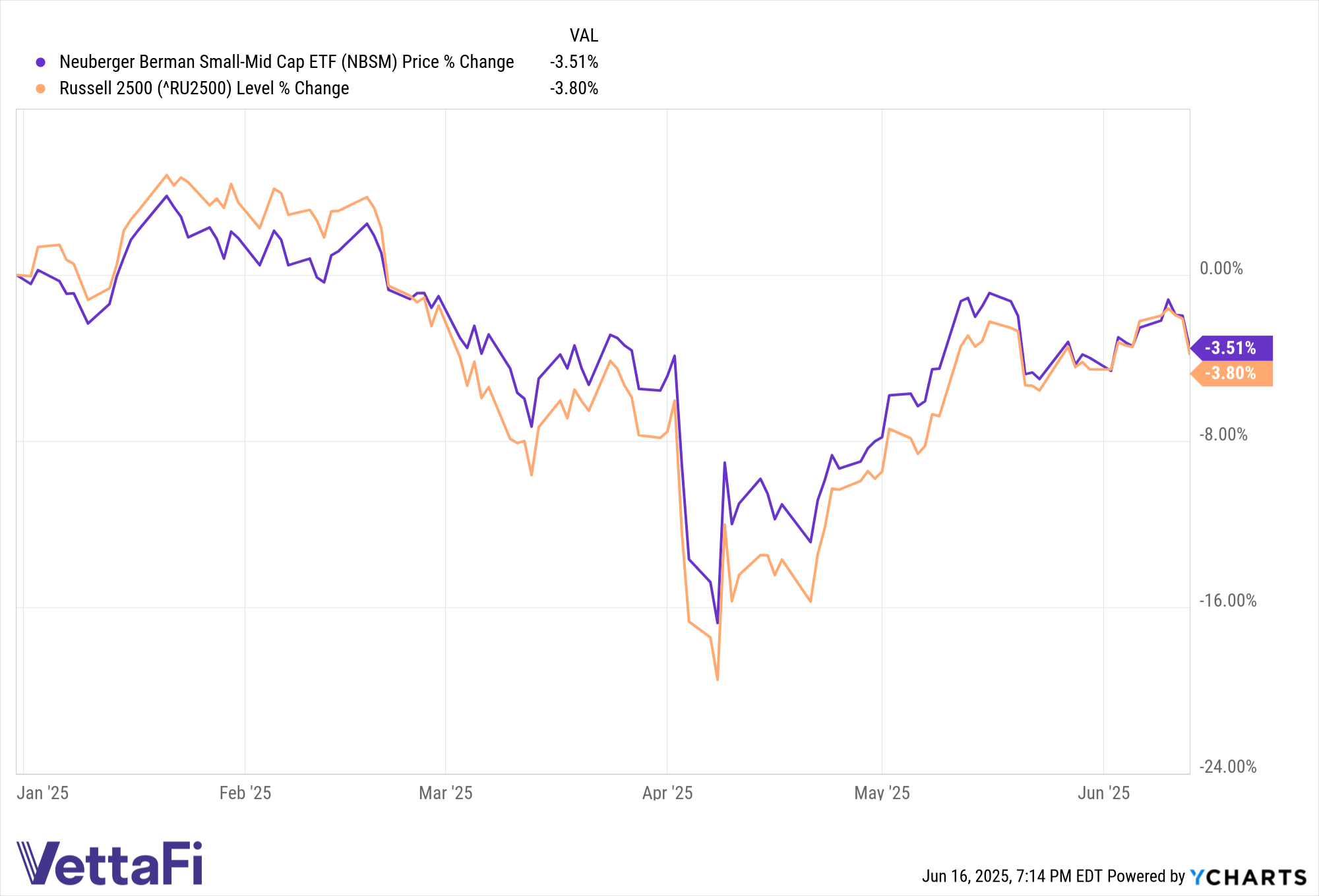 Price and level changes of NBSM and the Russell 2500 YTD as of June 13, 2025.